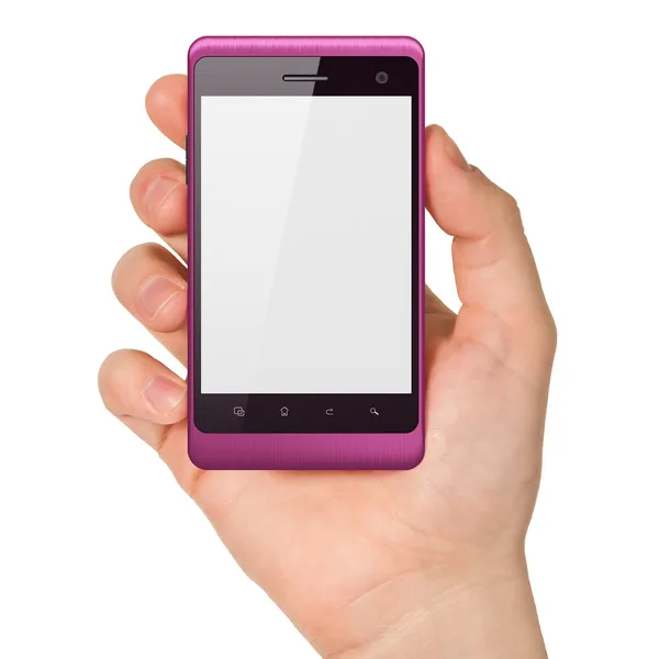 Mão segurando smartphone no fundo branco. — Fotografia de Stock