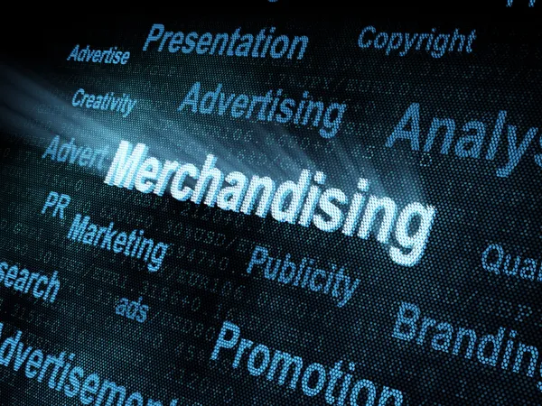 Pixeled word Merchandising on digital screen — Stock Photo, Image