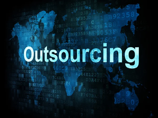 Trabalho, conceito de trabalho: palavras pixelizadas Outsourcing na tela digital — Fotografia de Stock