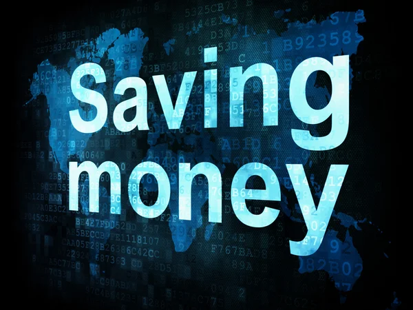 Concepto de dinero: palabras pixeladas Ahorro de dinero en pantalla digital — Foto de Stock