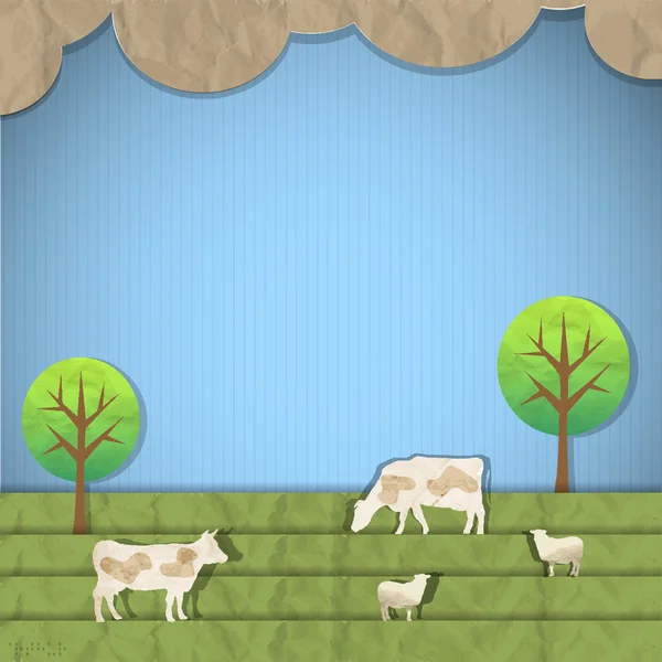 Paisagem com ovelhas, vacas — Vetor de Stock