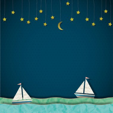 Sailboats at night. Vector paper-art clipart