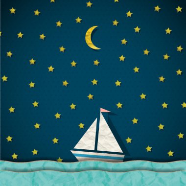 Sailing boat at night. Vector paper-art clipart