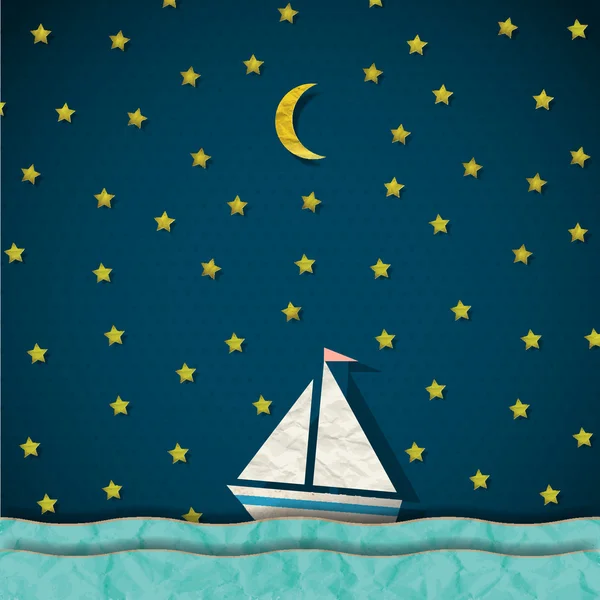 夜間のセーリング ボート。ベクトル ペーパー アート — ストックベクタ