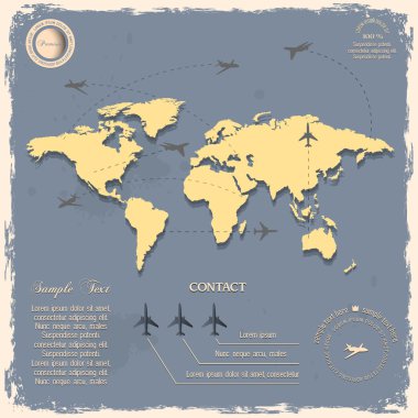 World map with aircrafts for design in vintage style clipart