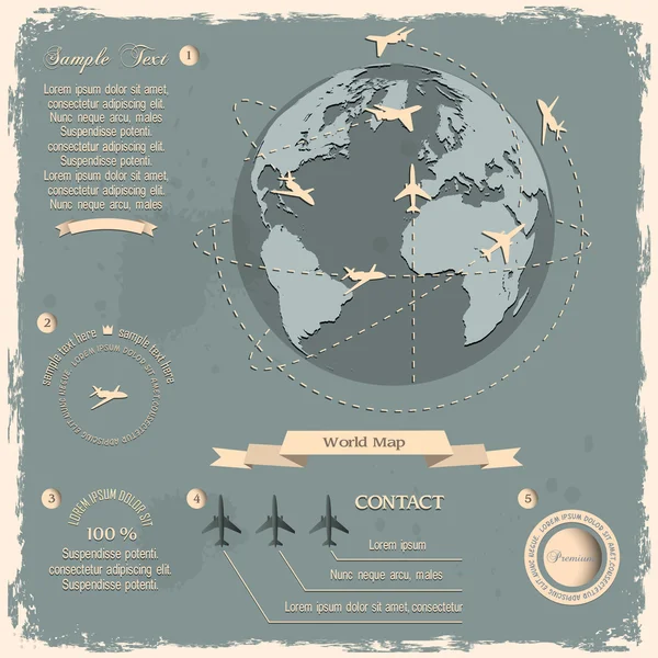 飞机与世界各地的复古风格设计 — 图库矢量图片
