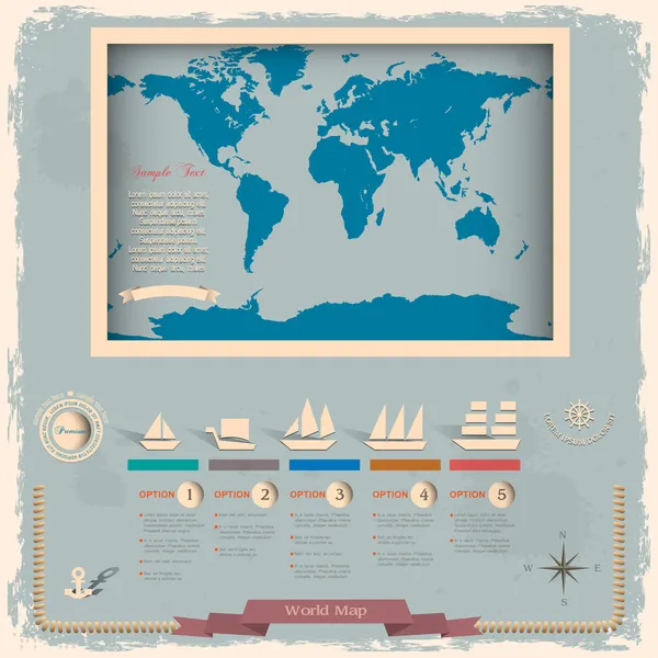 Mappa del mondo in stile retrò con elementi di design nautico — Vettoriale Stock