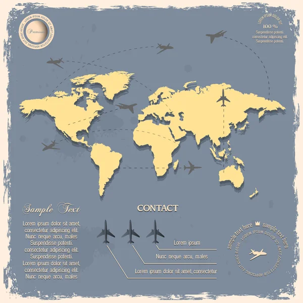 Mapa světa s letadel pro design v retro stylu — Stockový vektor