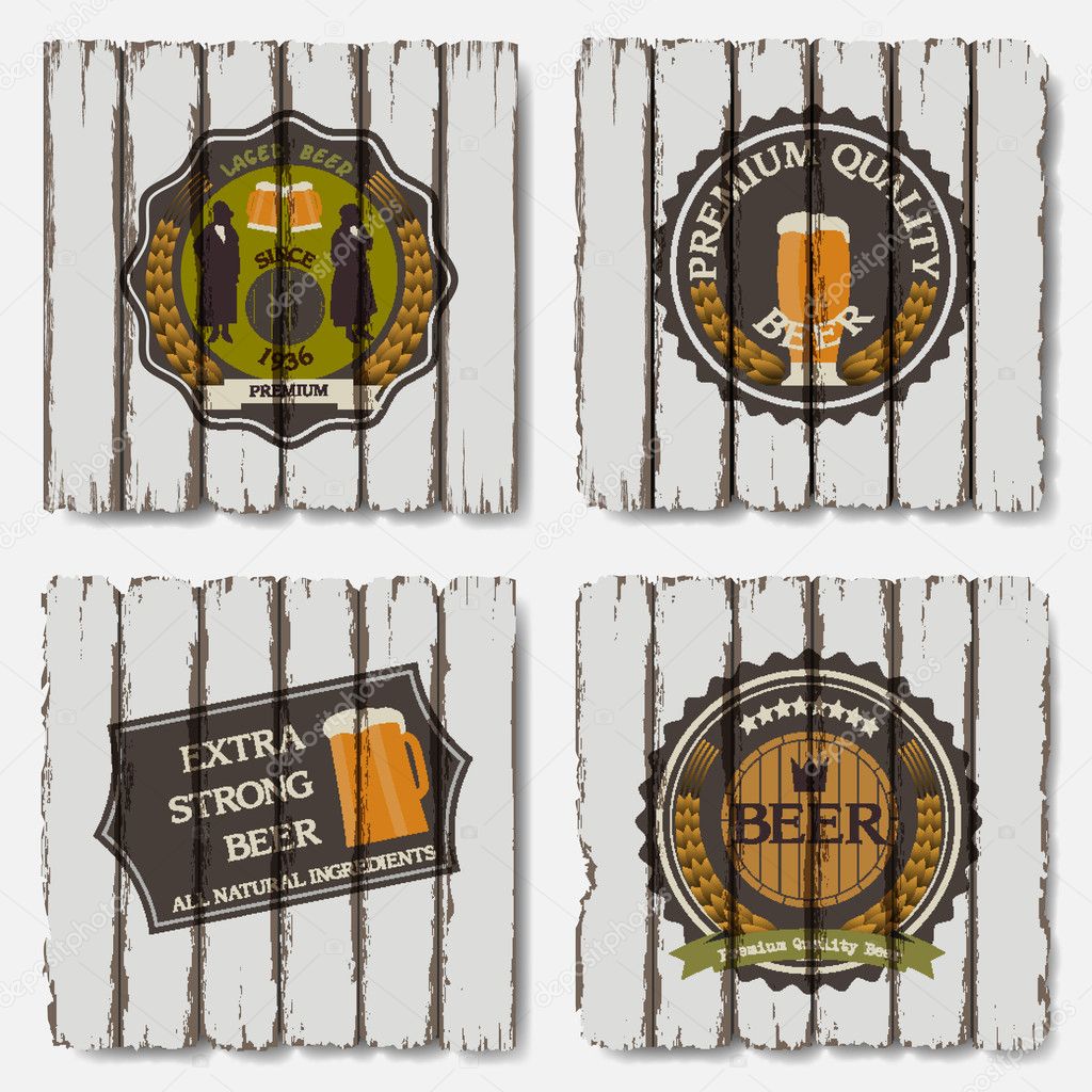 Beer badges and labels on old wood background