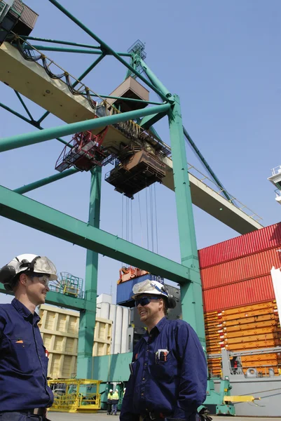 Портовые рабочие и контейнерные суда — стоковое фото