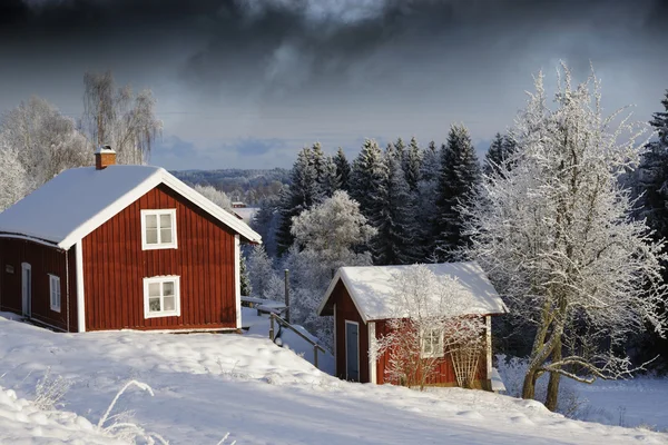 レッド コテージと雪の冬 ストック写真