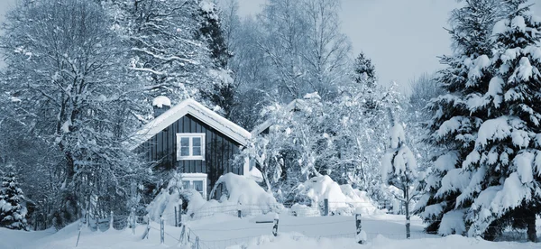 レッド コテージと雪の冬 — ストック写真