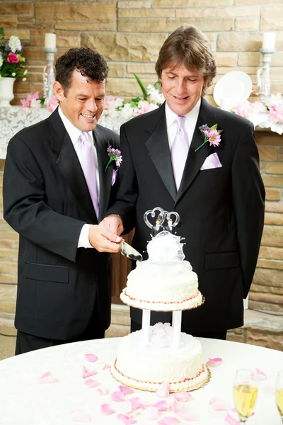 Gay bröllop - brudgummar skära tårta — Stockfoto