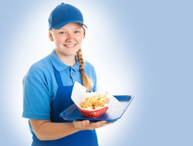 Fast Food Worker on Blue clipart