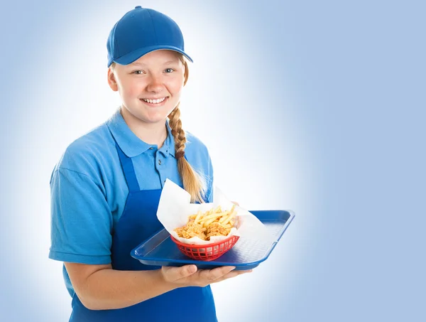 Fast Food Worker on Blue — Stock Photo, Image