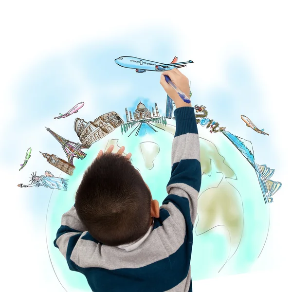 Boy drawing the dream travel around the world — Stock Photo, Image