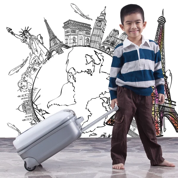 Boy pulling bag for dream travel around the world — Stock Photo, Image