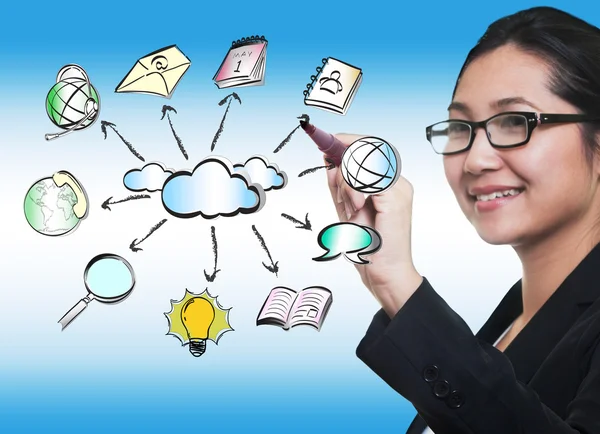 Business woman hand drawing cloud network sharing — Stock Photo, Image