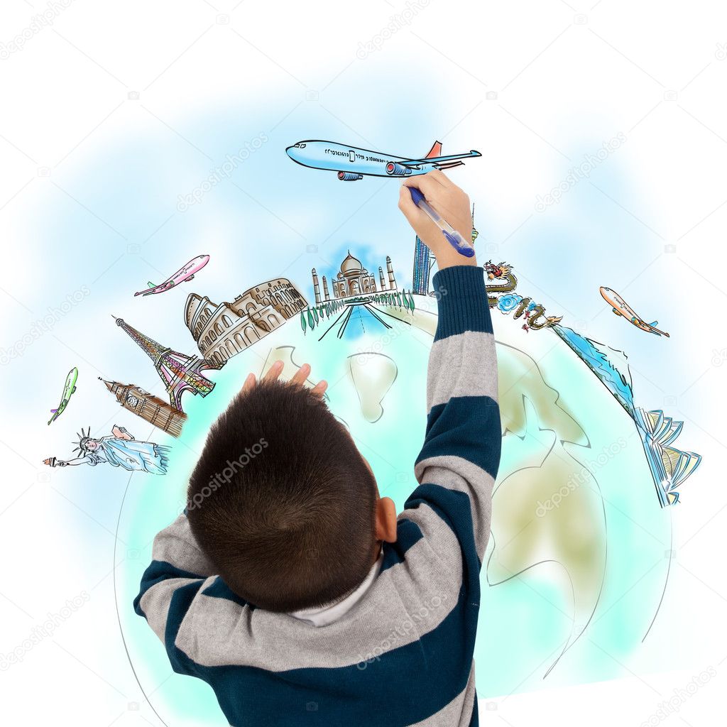 Boy drawing the dream travel around the world