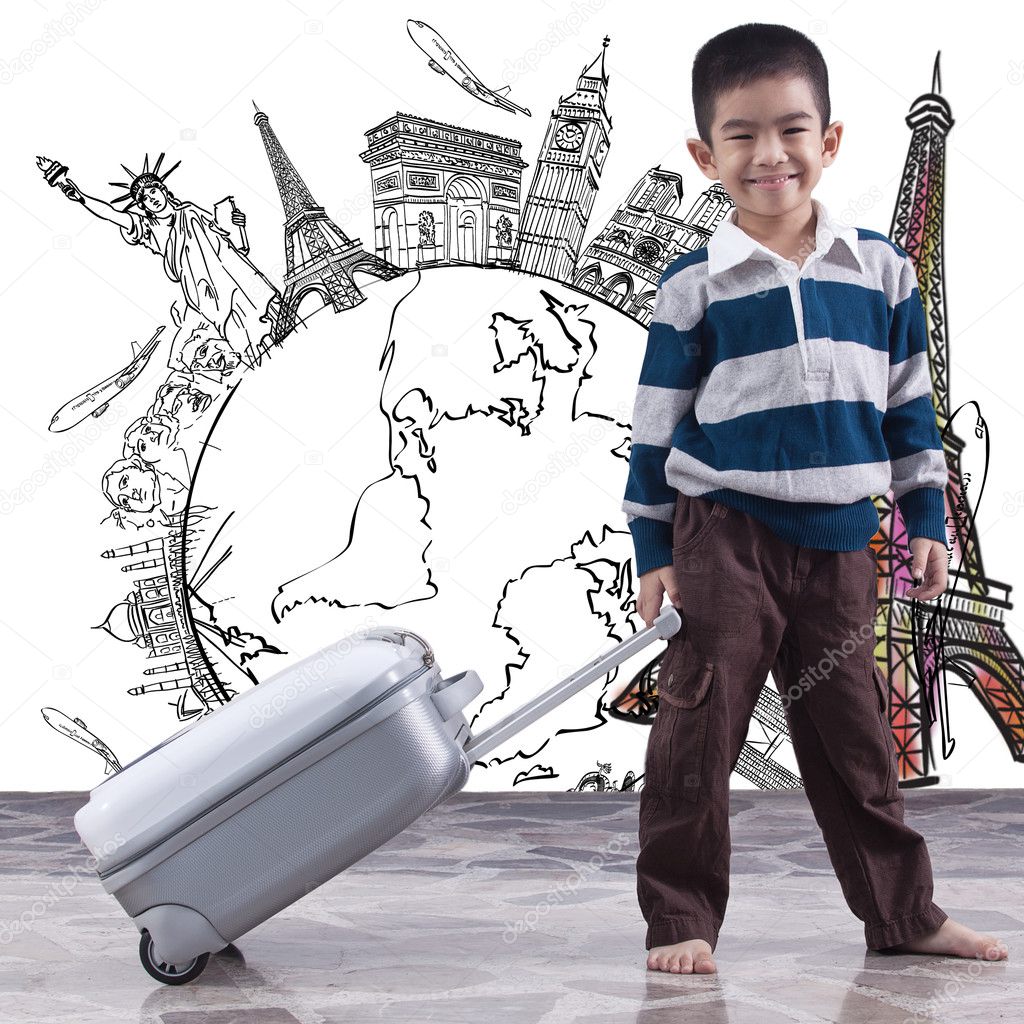 Boy pulling bag for dream travel around the world