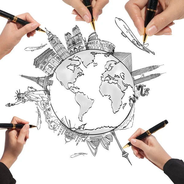 Tekening van de droom reis rond de wereld in een whiteboard — Stockfoto