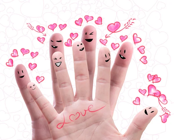 Feliz grupo de caras de dedo con su ofrenda de amor — Foto de Stock