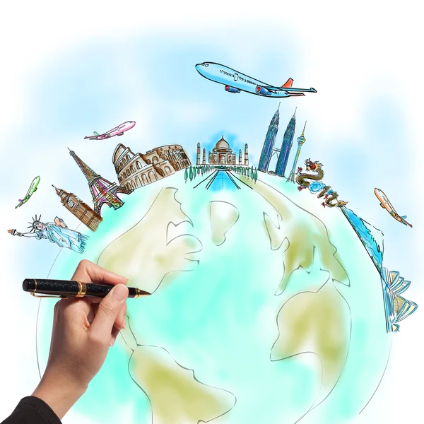 Tekening van de droom reis rond de wereld in een whiteboard — Stockfoto