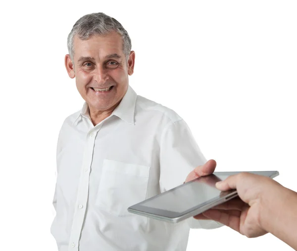 Бизнесмен с современным планшетным ПК, сенсорная панель, смартфон — стоковое фото
