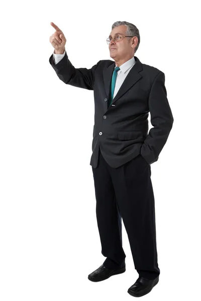 Mano del hombre de negocios pulsando un botón en una pantalla táctil interfac — Foto de Stock