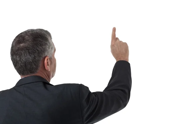 Ręką człowieka biznesu, naciskając przycisk na interfejsie ekran dotykowy — Zdjęcie stockowe