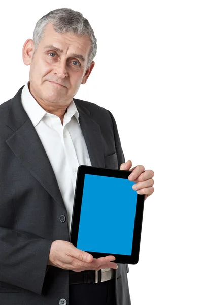 Бизнесмен с современным планшетным ПК, сенсорная панель, смартфон — стоковое фото