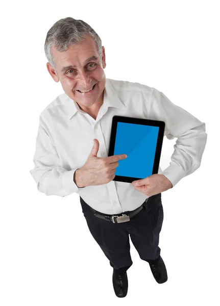 Hombre de negocios con PC tableta moderna, almohadilla táctil, teléfono inteligente — Foto de Stock
