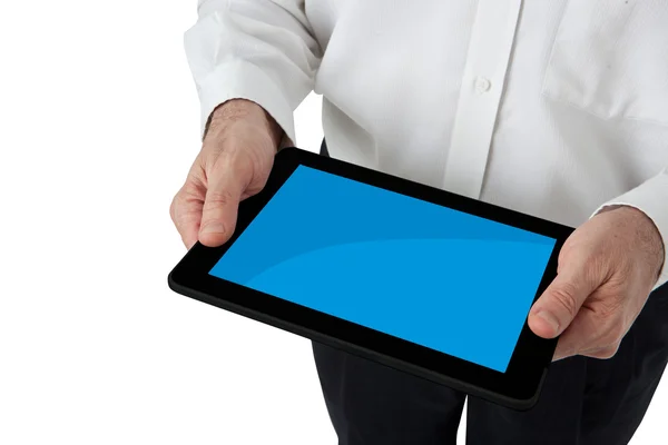 Ο άνθρωπος των επιχειρήσεων με σύγχρονη tablet pc, επιφάνεια, έξυπνο τηλέφωνο αφής — Φωτογραφία Αρχείου