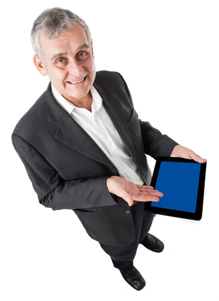 商务男人与现代 tablet pc 触摸板，智能手机 — 图库照片
