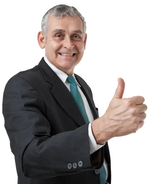 Портрет уверенного в себе взрослого бизнесмена, показывающего тебе большие пальцы — стоковое фото