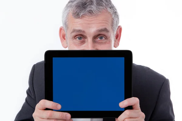 Uomo d'affari che mostra tablet moderno, touch pad, nuova tecnologia — Foto Stock