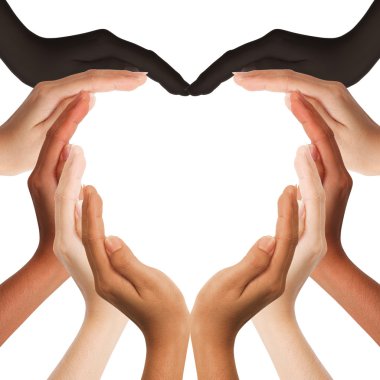 Multiracial human hands making a heart shape on white background