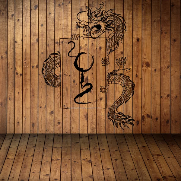Year 2012, old grung paper with dragon on wood Texture use for background — Stock Photo, Image