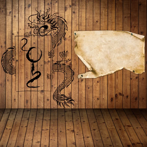 Anno 2012, vecchio grung carta con drago su legno Texture uso per sfondo — Foto Stock