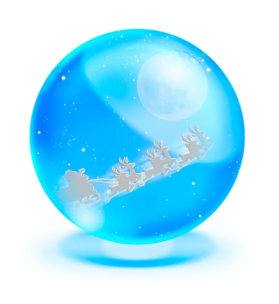 Weihnachtsmann auf Schlitten mit Hirsch und Vollmond in blauer Kristallkugel — Stockfoto