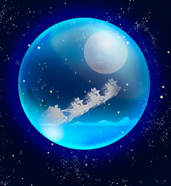 Санта-Клауса на санях з оленями і повний місяць в синій кришталева куля — стокове фото
