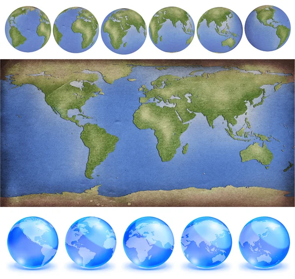 Grunge χαρτί παγκόσμιο χάρτη με σφαίρες γη σε χαρτί στυλ και crys — Φωτογραφία Αρχείου