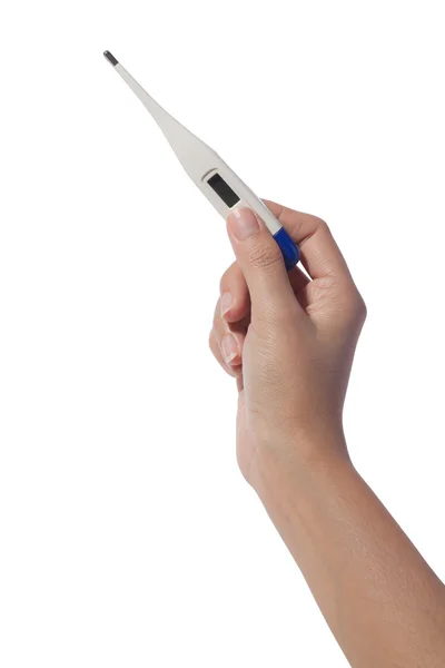 Wohlgeformte Hand hält ein Thermometer isoliert über weiß — Stockfoto