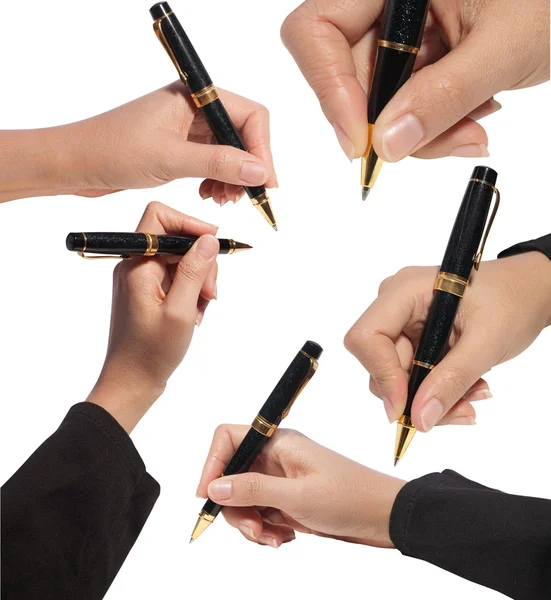 Mão com caneta sobre fundo branco — Fotografia de Stock