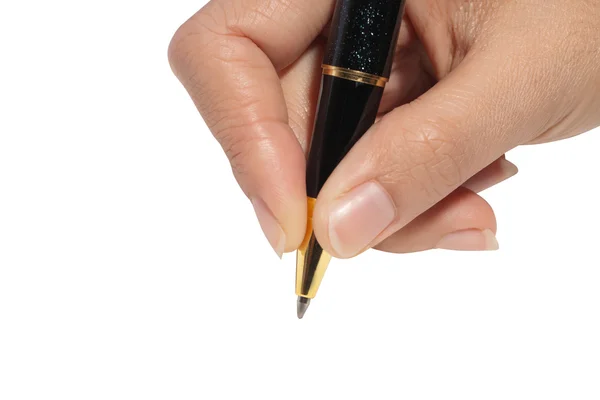 Рука с ручкой на белом фоне — стоковое фото
