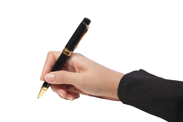 Hand med penna på vit bakgrund — Stockfoto