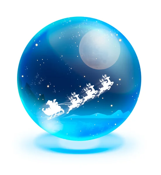 Père Noël sur luge avec cerf et pleine lune en boule de cristal bleue — Photo