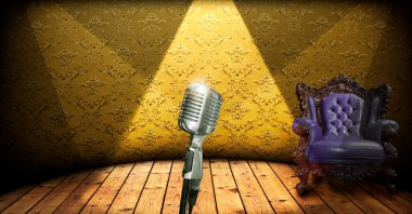 Retro microphone on stage and luxury chair clipart