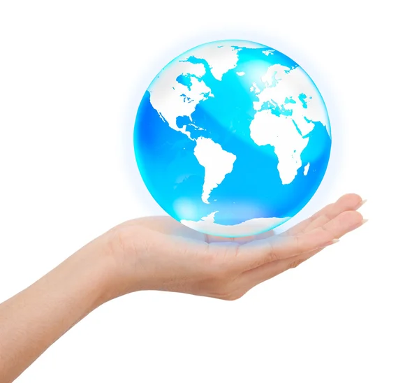 Hand met crystal globe, opslaan wereld concept — Stockfoto