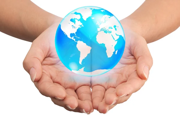 Ręka trzyma Kryształowy Globus, Zapisz koncepcja świata — Zdjęcie stockowe